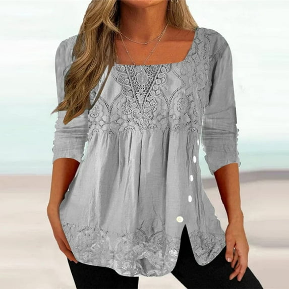 Lilgiuy Summer Tops For Women Women's Fashion Casual Solid Color Square Neck Pullover Long Sleeve Lace Splicing Top for Work Office Business