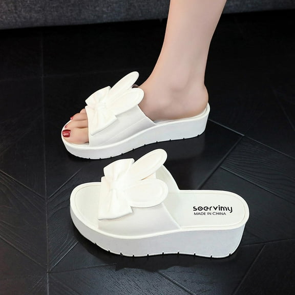 Lilgiuy Summer Women Thick Bottom Slope Heel Shoes Beach Sandals Rabbit Casual SlippersWhite6.5 Winter Clothes for 2022