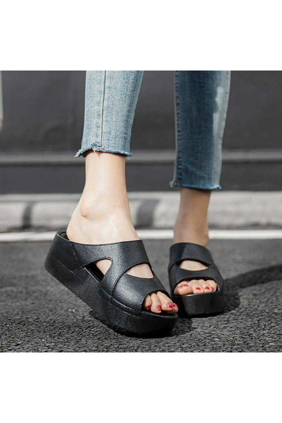Summer Women Thick Bottom Slope Heel Shoes Beach Sandals Roman Casual Slippers，Black，6 2022 Fall Winter