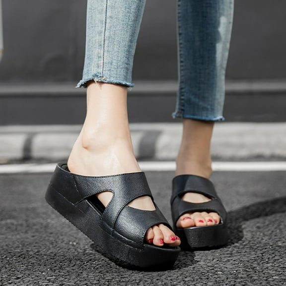 Lilgiuy Summer Women Thick Bottom Slope Heel Shoes Beach Sandals Roman Casual Slippers,Black,6.5 2022 Fall Winter