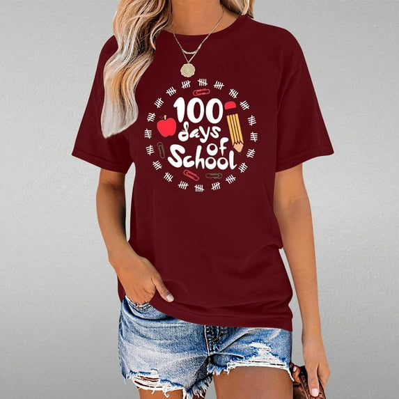 Lilgiuy Teacher Shirt for Women Go to School Retro Shirts Fun Teacher Graphic Tshirt Casual Teachers Appreciation Celebration Holiday Gift Tee Tops (Wine,M)