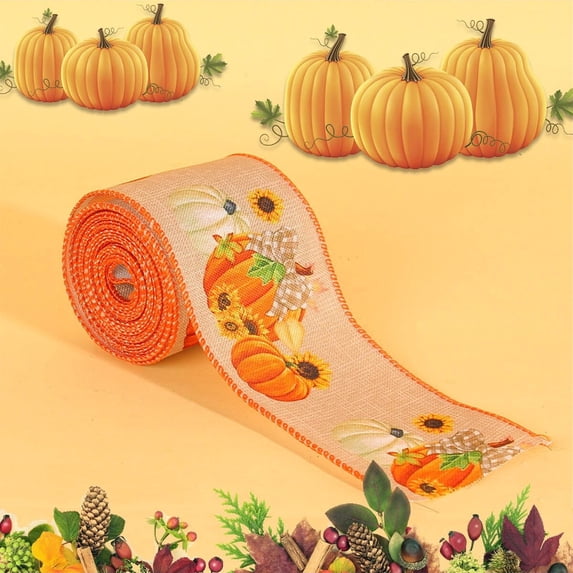 Lilgiuy Thanksgiving Fall Ribbons Autumn Harvest Ribbons for Crafts Wrapping Orange Pumpkin Maple Leaf Ribbon for Wreath Hair Bows Thanksgiving Party Home Decoration 180 Inch