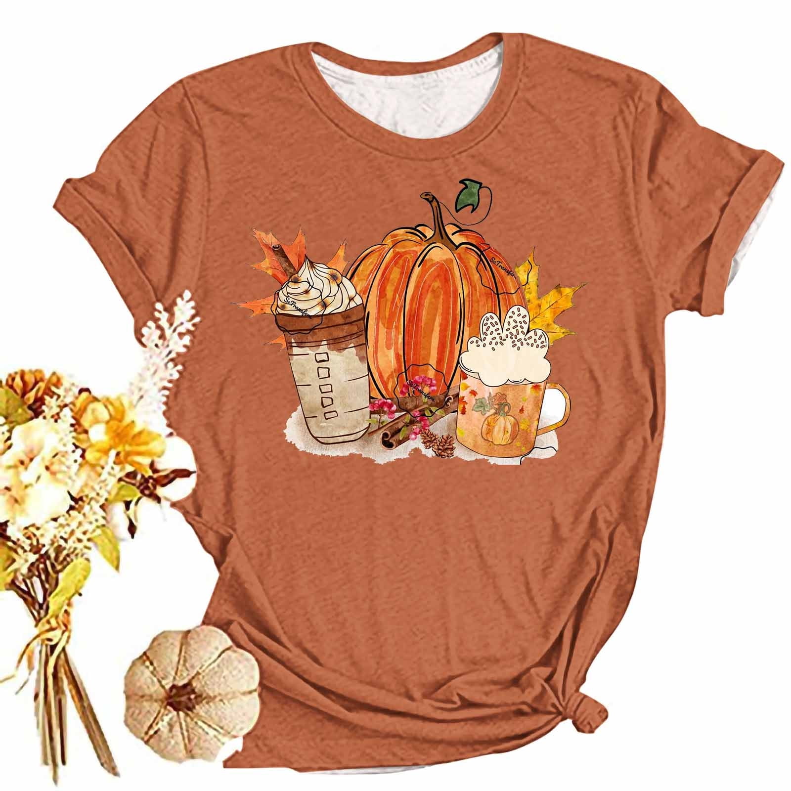 Lilgiuy Thanksgiving T Shirt for Women Floral Pumpkin Thanksgiving Gift ...