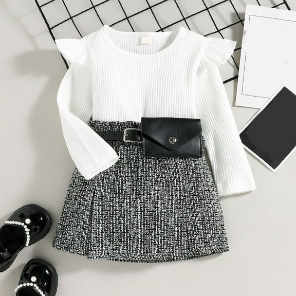 Lilgiuy Todder Baby Girl Fall Winter Christmas Outfit Casual Solid Color Long Sleeve Ruffle Knit Pullover Shirt Top Mini Skirt Bag Belt 3PCS Set for Party Photoshoot White(12 Months-5 Years)