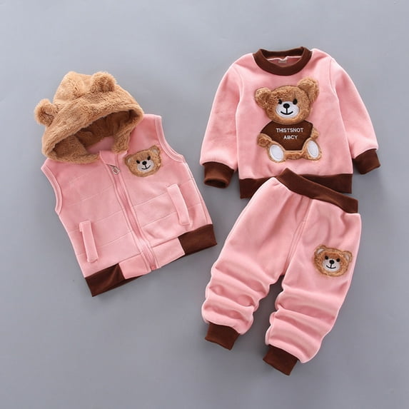 Lilgiuy Toddler 3-piece Flannel Set Cute Cartoon Pattern Pullover Sweatshirt Hooded Zipper Vest Jogger Pants Fall Winter Playwear Outfit Pink(1-5Y)