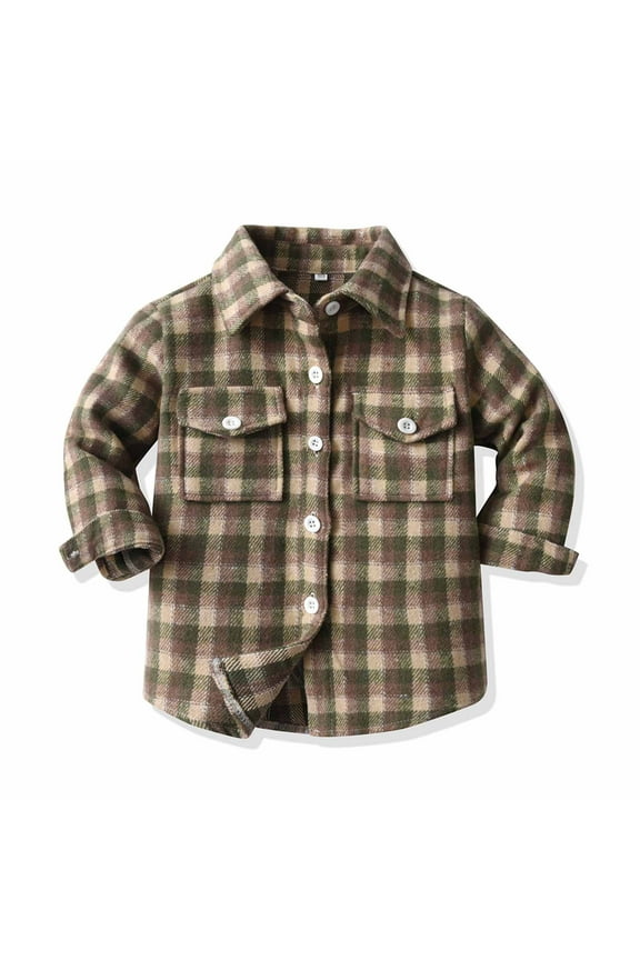 Toddler Baby Boys Girls Flannel Plaid Jacket Shirts Casual Solid Color Lapel Collar Single Button Down Long Sleeve Coats Shacket Cardigan for Skiing Snowboarding