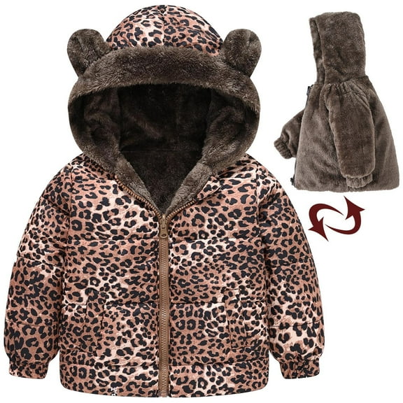 Lilgiuy Toddler Baby Boys Girls Leopard Print Plush Cute Winter Thick Casual Keep Warm Hooded Coat Jacket for Cold Weather