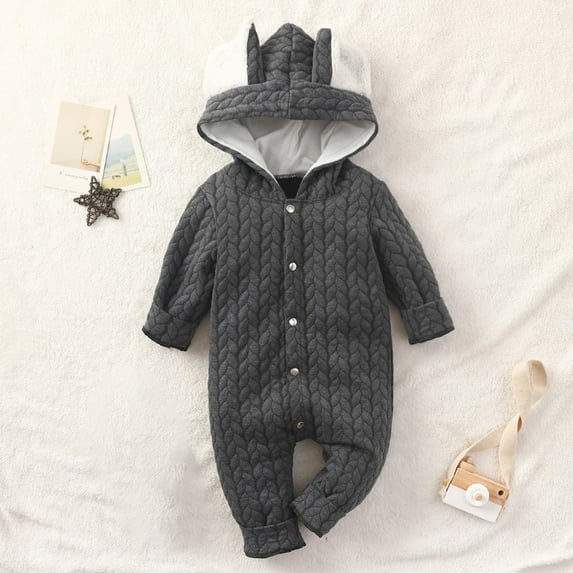 Lilgiuy Toddler Baby Boys Girls Solid Color Cute Rabbit Ears Winter Thick Keep Warm Jumpsuit Romper，Gray,0-3 Months Fall for 2022 Spring Winter