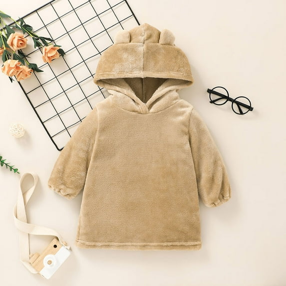 Lilgiuy Toddler Baby Boys Girls Solid Color Plush Cute Bear Ears Winter Hoodie Thick Coat Pullover,Khaki,18-24 Months Winter Clothes for 2022