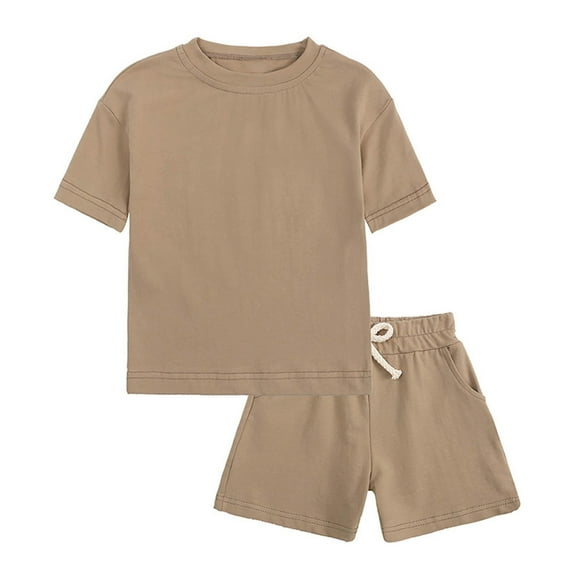 Lilgiuy Toddler Baby Boys Girls Summer Outfit Casual Solid Color Short Sleeve T-shirt Tops Elastic Waist Shorts Set Infant 2Pcs Clothes Home Wear (Khaki,12-13 Years)