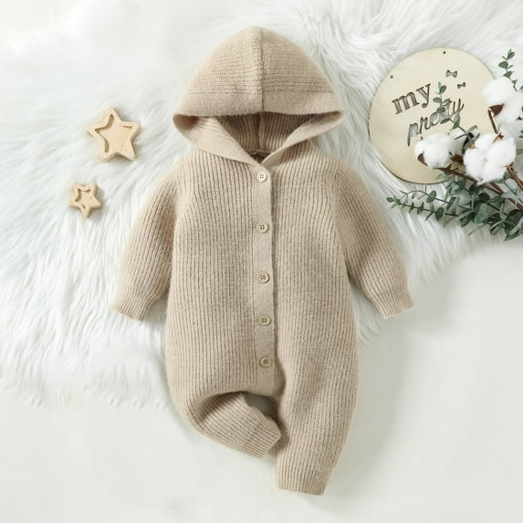 Lilgiuy Toddler Baby Boys Girls Winter Knitted Romper Casual Solid Color Long Sleeve Button Hooded Jumpsuit Romper for Christmas Khaki (12-18 Months)