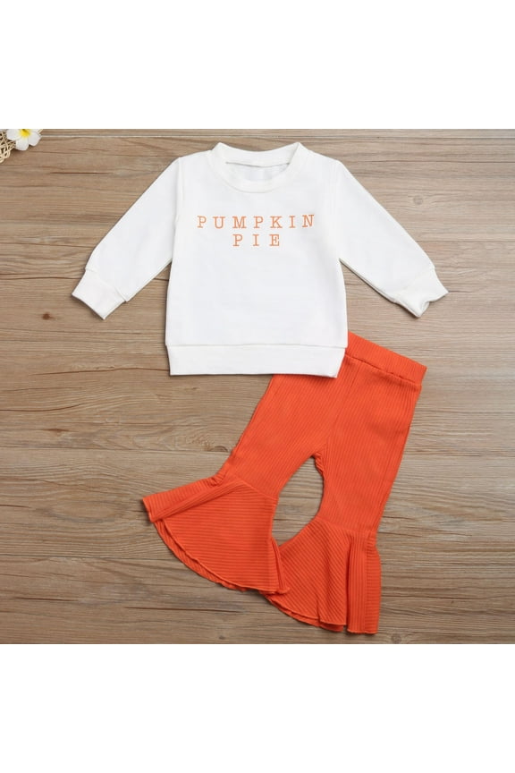 Toddler Baby Girl Outfits Long Sleeve Letters Print Topswith Flared Pants Fall Outfits,Orange,0-6 Months Fall Clothes for 2022 Spring Winter