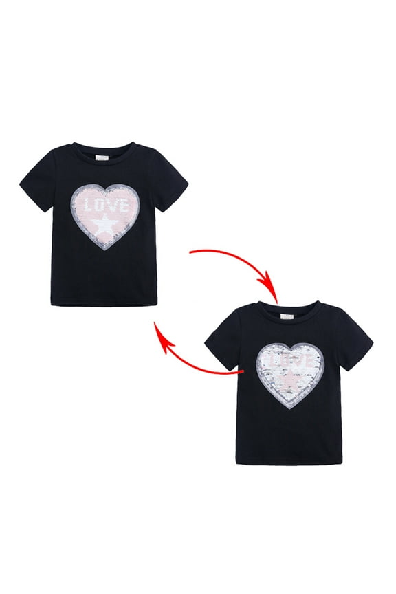 Toddler Baby Girls Fashion Cotton Funny Discoloration Flip Heart Sequins Pattern Top T-shirt (Black ,3-4 Years） for 2022