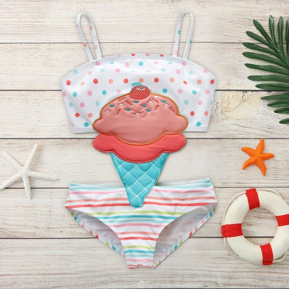 Lilgiuy Toddler Baby Girls Summer Cute Cartoon Lce Cream Polka Dots Stripe Print One-piece Swimsuit Winter Clothes for 2022