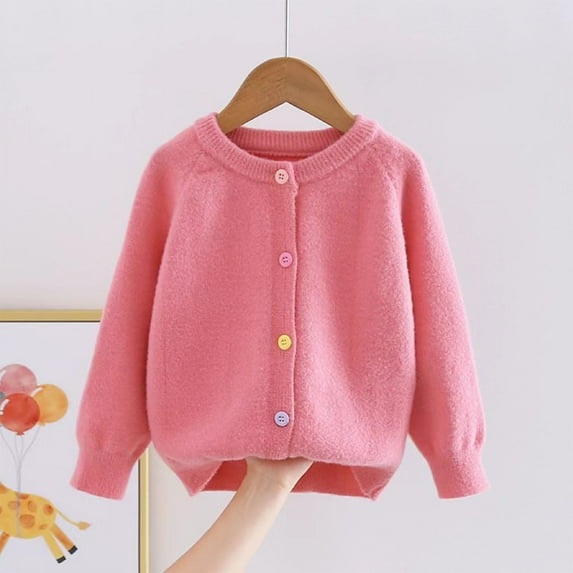 Lilgiuy Toddler Boys Girls Crewneck Cardigan Sweaters Casual Solid Color Long Sleeve Soft Thick Warm Button Cotton School Uniform Knit Tops Outwear (Watermelon Red,11-12 Years)