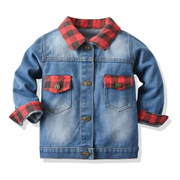Lilgiuy Toddler Boys Girls Denim Jackets Plaid Button Down Jeans Coat Long Sleeve Lapel Ripped Pocket Top Fall Winter Outwear
