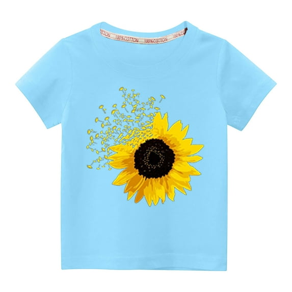 Lilgiuy Toddler Boys Girls Hawaiian Shirt Summer Cotton Solid Color Short Sleeve Yellow Sunflower Graphic Beach Casual Top for 3-10 Years (Blue)
