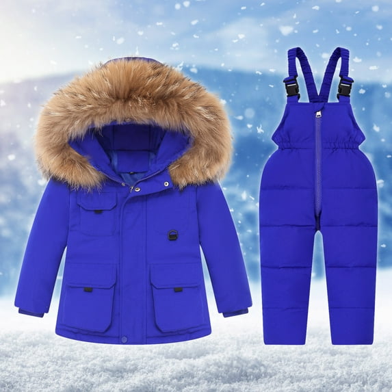 Lilgiuy Toddler Boys Girls Two Piece Snowsuit Winter Solid Color Lightweight Multi-pockets Hooded Puffer Down Jacket Coat with Ski Bib for Christmas New Year (1-6Years)