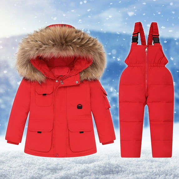 Lilgiuy Toddler Boys Girls Two Piece Snowsuit Winter Solid Color Lightweight Multi-pockets Hooded Puffer Down Jacket Coat with Ski Bib for Christmas New Year (1-6Years)