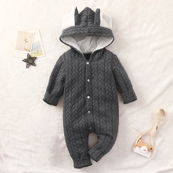 Lilgiuy Toddler Boys Girls Winter Jumpsuit Solid Color Cute Rabbit Ears Long Sleeve Button Hooded Thick Warm Playsuit Gray for 9-12M