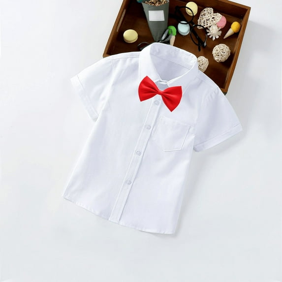 Lilgiuy Toddler Boys School Uniform Dress Shirt Fashion Solid Short Sleeve Button Down Shirt Bow Tie Set Gifts for Baby Boy Kids White(10-11Y)
