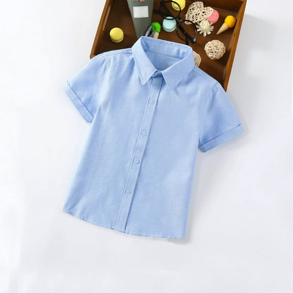 Lilgiuy Toddler Boys School Uniform Shirts Casual Solid Color Short Sleeve Button down Lapel Collar Blouse Blue (10-11Y)