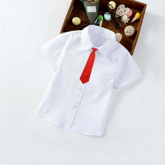 Lilgiuy Toddler Boys Summer Uniform Dress Shirt Tops Fashion Solid Color Lapel Collar Short Sleeve School Uniform Shirt with Red Tie (10-11Y)