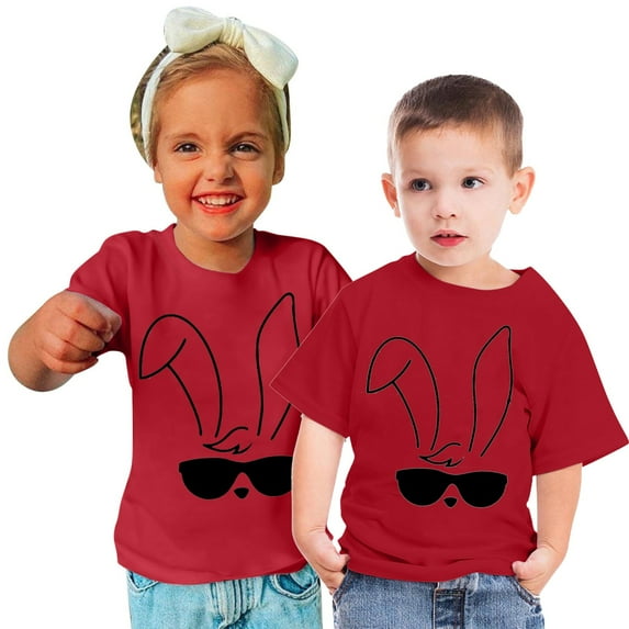 Lilgiuy Toddler Easter Shirts Summer Solid Color Cute Bunny Sunglasses Graphic T-Shirt Rabbit Easter Day Gift Short Sleeve Unisex Tops for School Beach Holiday(Red,4-5 Years)
