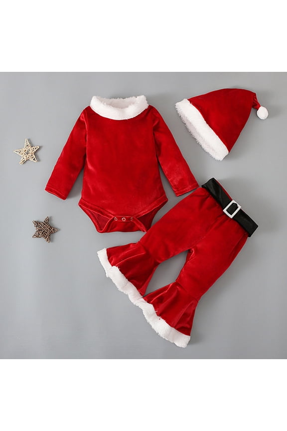 Toddler Girl Boy Christmas Outfit Santa Claus Costume with Hat Winter Long Sleeve Round Neck Furry Onesie+Bell Bottoms Christmas Gifts for 1-5Y Red(Included Belt)