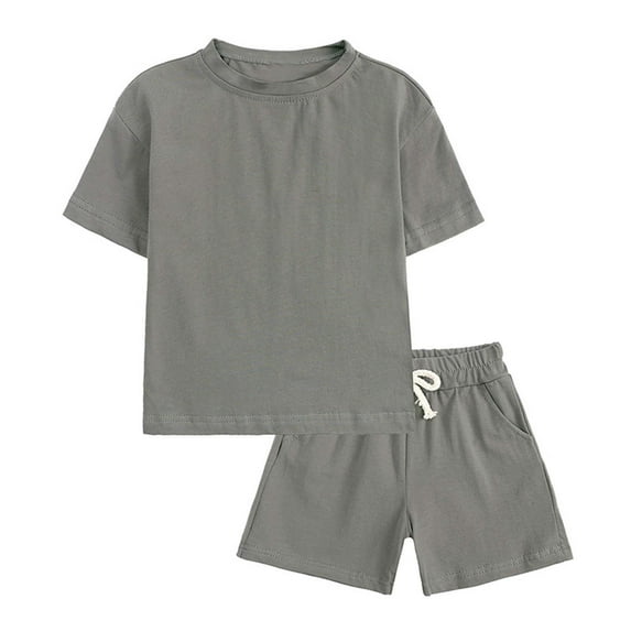 Lilgiuy Toddler Girl Boy Clothes Summer Outfits Casual Solid Color Short Sleeve Crewneck T-Shirt Tee Tops Drawstring Pocket Shorts Sleepwear(Dark Gray,6-7 Years)