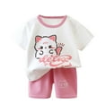 thumbnail image 1 of Lilgiuy Toddler Girl Boy Clothes Summer Outfits Cute Cartoon Print Short Sleeve Round Neck T-shirt & Solid Color Loose Shorts Set 2 Piece for Children's Day(Pink,3-9 Months), 1 of 3