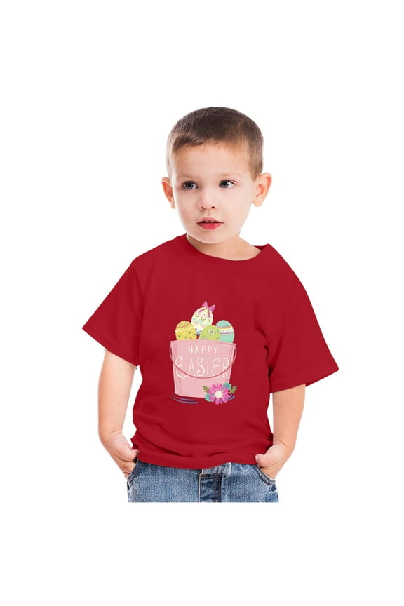 Toddler Girl Boy Easter Shirts Happy Easter Letter Print Casual Solid Color Short Sleeve Crewneck T-shirt Top Summer Vacation Beach Tees