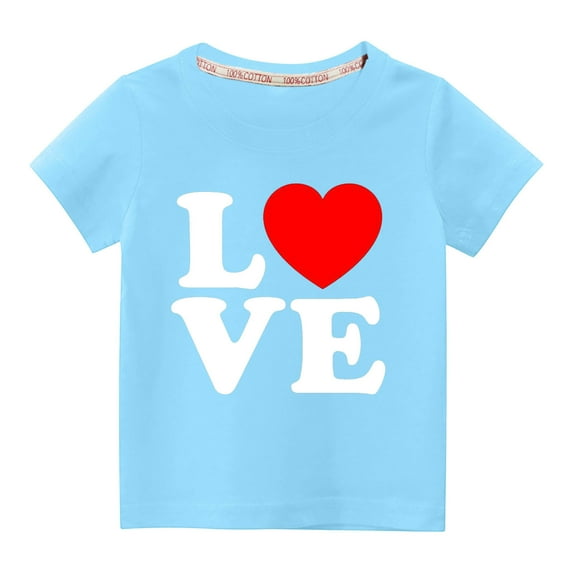 Lilgiuy Toddler Girls Boys Valentine's Day T-Shirt Casual Solid Color Letter Print Heart Graphic Short Sleeve Round Neck Soft Top for First Day of School (Blue)
