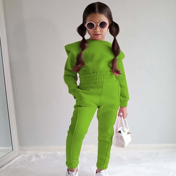 Lilgiuy Toddler Girls Tracksuits Set Casual Solid Color Crewneck Long Sleeve Pullover Sweatshirts Elastic Waistband Pants Fall Winter Outfits Streetwear Green (1-7 Years)