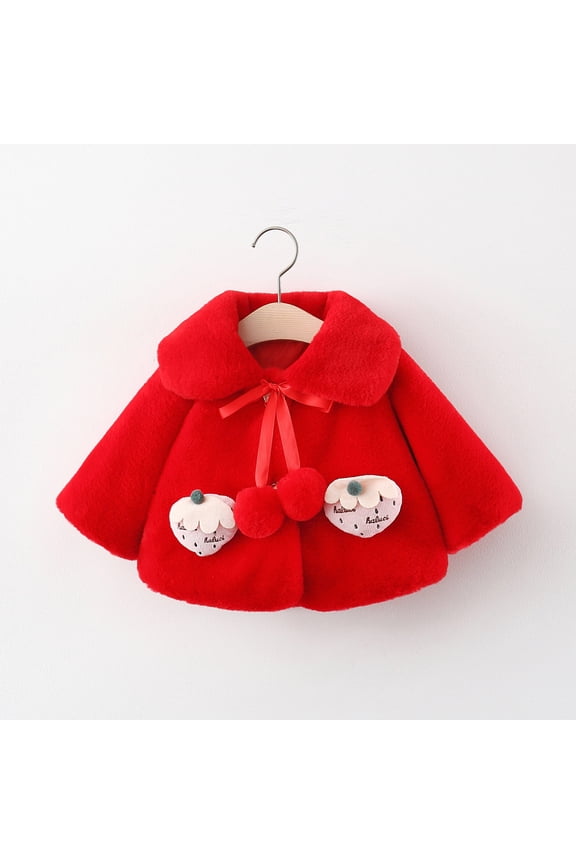 Toddler Girls Warm Fleece Jacket Cute Strawberry Solid Color Pom Fur Warm Thick Cloak Coat for Christmas Red