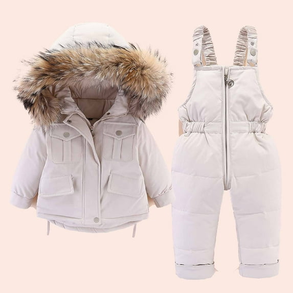 Lilgiuy Toddler Kids 2-Piece Snowsuit Long Sleeve Hooded Jacket Snow Bib Pants Skisuit Winter Warm Waterproof Outwear Boys Girls 1-5T (Beige)