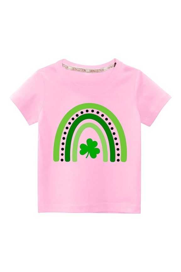 Toddler St Patricks Day Shirts Boys Girls Green Shamrock Rainbow Graphic T-Shirt Casual Short Sleeve Tee Tops Streetwear (Pink)