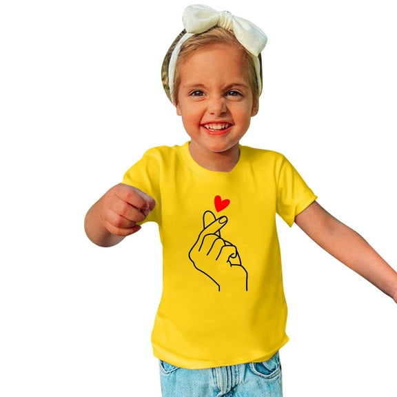 Lilgiuy Toddler Valentine's Day Shirts Boys Girls Summer Solid Color Love Language Graphic T-Shirt Casual Short Sleeve Tee Tops for Going Out (Yellow)