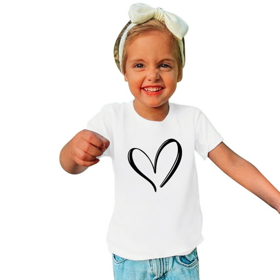 Lilgiuy Toddler Valentine's Day T-Shirts Solid Color Love Heart Graphic Top Tee Summer Short Sleeve Crewneck Boys Girls Clothes for First Day of School (White)