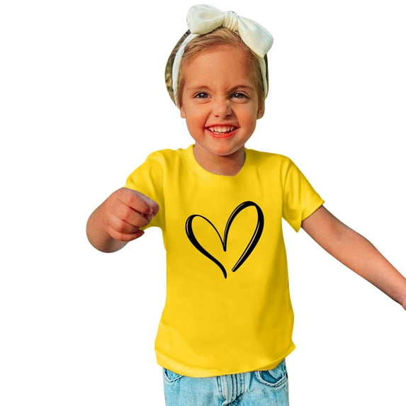 Lilgiuy Toddler Valentine's Day T-Shirts Solid Color Love Heart Graphic Top Tee Summer Short Sleeve Crewneck Boys Girls Clothes for Indoor and Outdoor Activities (Yellow)