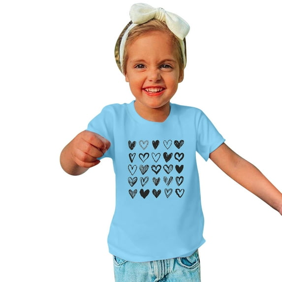 Lilgiuy Toddler Valentine's Day T-Shirts Solid Color Love Heart Graphic Top Tee Summer Short Sleeve Crewneck Boys Girls Clothes for Sport Fitness (Blue)