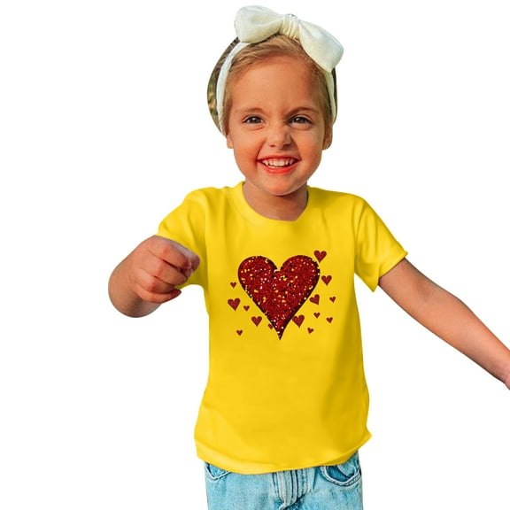 Lilgiuy Toddler Valentine's Day T-Shirts Solid Color Red Love Heart Graphic Top Tee Summer Short Sleeve Crewneck Boys Girls Clothes for Indoor and Outdoor Activities (Yellow)