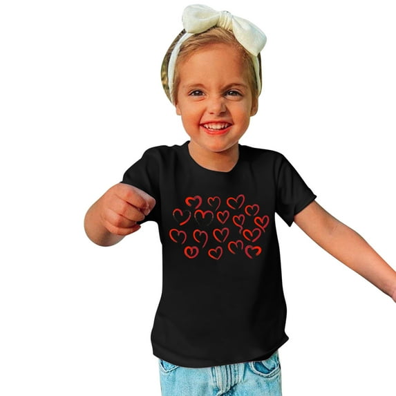 Lilgiuy Toddler Valentine's Day T-Shirts Solid Color Red Love Heart Graphic Top Tee Summer Short Sleeve Crewneck Boys Girls Clothes Outwear (Black)
