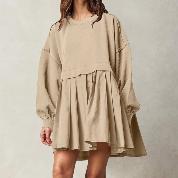 Lilgiuy Trendy Women's Casual Over Sized Sweatshirt Long Sleeve Dress Round-Neck Ladies Patchwork Mini Dresses for Carnival Time