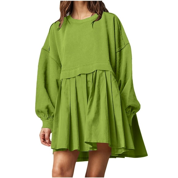 Lilgiuy Trendy Women's Casual Over Sized Sweatshirt Long Sleeve Dress Round-Neck Ladies Patchwork Mini Dresses for Home Leisure