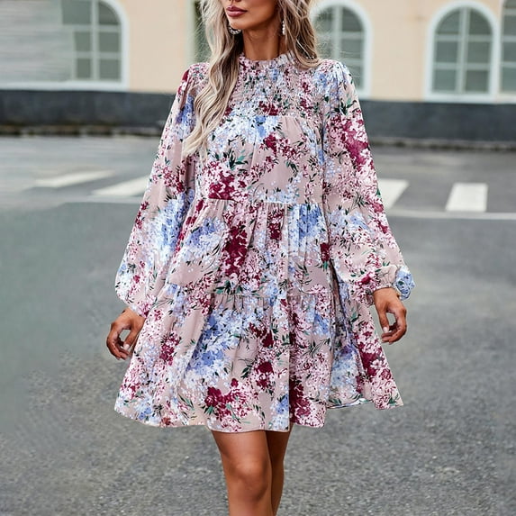 Lilgiuy Trendyable Women's Casual Spring/summer V-neck Long Sleeved Printed Dress for Anniversary Graduation