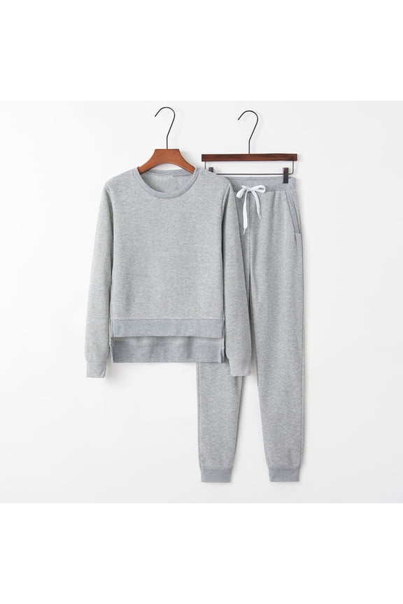 Two Piece Outfits for Women Casual Crew Neck Sweatshirt 2PC Tracksuit with Jogger Sweatpants Basic Irregular Hem Pullover Sweatsuit Sets Gray(S-XL)