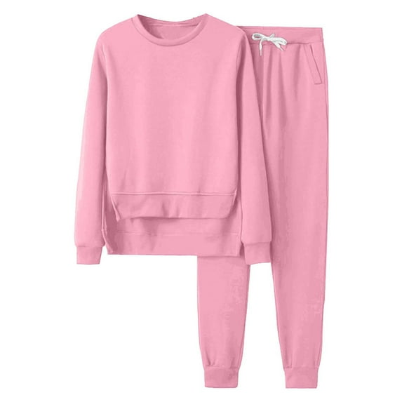 Lilgiuy Two Piece Outfits for Women Casual Crew Neck Sweatshirt 2PC Tracksuit with Jogger Sweatpants Basic Irregular Hem Pullover Sweatsuit Sets Pink(S-4XL)