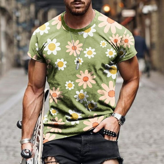 Lilgiuy Unisex Floral Tops Tees Summer Loose Casual Short Sleeve Round Neck Pullover Training Basketball T Shirts for Men Women Green(M-5Xl)