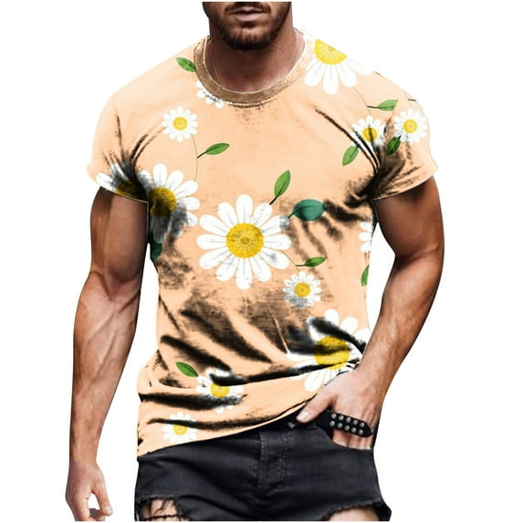 Lilgiuy Unisex Floral Tops Tees Summer Loose Casual Short Sleeve Round Neck Pullover Training Basketball T Shirts for Men Women Orange(M-5Xl)